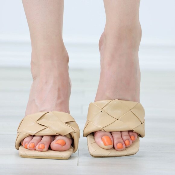 Nude High Heel Sandals Square Open Toe Slip On Mules Stiletto's - Picture 3 of 11